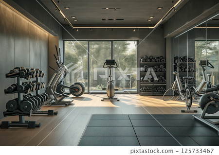 An interior gym with a modern fitness room different sport equipment AI Generative An interior gym with a modern fitness room different sport equipment AI Generative 125733467