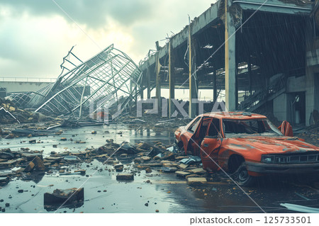 Building with its shopping center was destroyed by terrorist attacks and a cars was damaged Generative AI 125733501