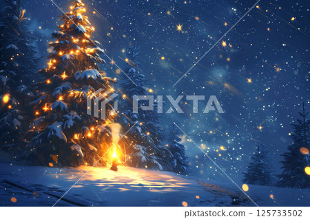 Glowing Christmas tree stands in snowy landscape while snowflakes gently fall under night sky filled with stars. 125733502