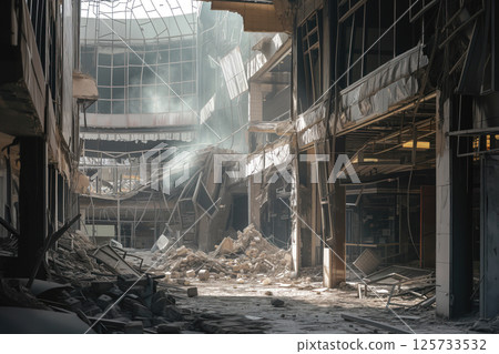 As result of terrorist attacks, shopping mall was crushed damaged AI Generative 125733532