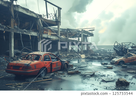 As result of terrorist attacks in building with is shopping center crushed and car were damaged Generative AI 125733544