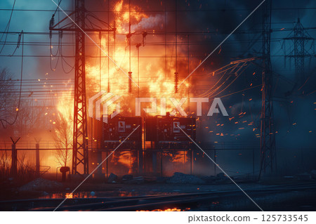 An electric power plant did experience fire as result of an explosion AI Generative 125733545