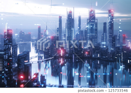 Skyscrapers with futuristic data transmission capabilities, advanced communications, wireless global internet network connection comprise smart city infrastructure AI Generative 125733546