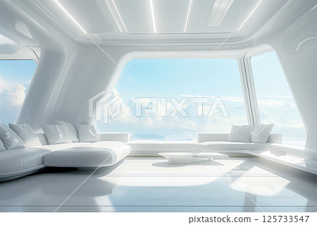 White living room with big windows a minimalist furniture with classic interior design aesthetic. AI Generative 125733547