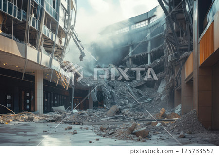 Shopping mall was severely damaged by terrorist attacks AI Generative 125733552