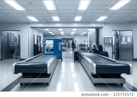 On conveyor belt of luggage scanner at airport counter, you can see an X-ray machine for baggage check-in AI Generative 125733572