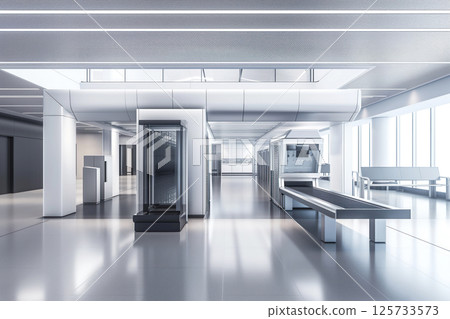 Baggage check-in X-ray machine at airport counter is installed on conveyor belt of luggage scanner for checking luggage AI Generative 125733573