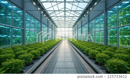 Modern greenhouse interior with glass walls and ceiling filled with lush green plants and vegetables growing in organized rows under natural sunlight Modern greenhouse interior with glass walls and ceiling filled with lush green plants and vegetables growing in organized rows under natural sunlight 125733612
