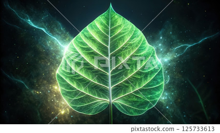 Vibrant Green Leaf with Detailed Veins Illuminated in Cosmic Glowing Background for Nature and Environmental Theme Representation 125733613