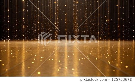 Shimme golden lights falling and reflecting on a glitte surface creating a luxurious, festive, and elegant atmosphere perfect for celebrations and events 125733678