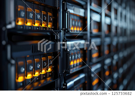 Large battery pack is used as backup power source in data center at server room. AI Generative 125733682