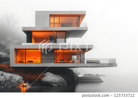Design of minimalist style monolithic three-story housing for an ecological development AI Generative 125733722