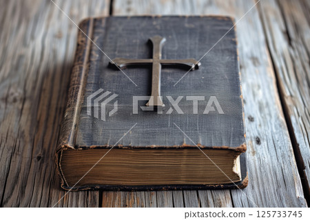 Holy Bible on a wooden table with dark cover a cross on it AI Generative 125733745