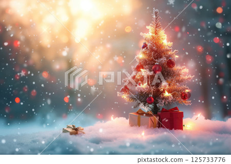 Beautifully lit Christmas tree adorned with ornaments stands amidst falling snow, surrounded by colorful gifts. 125733776