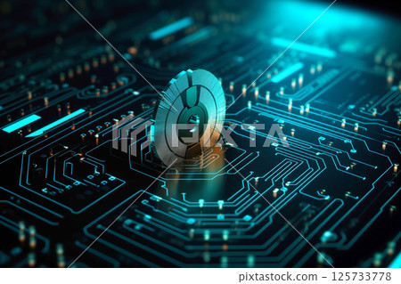 Metallic disk sits prominently on circuit board, lit by illumination that enhances high tech environment. 125733778