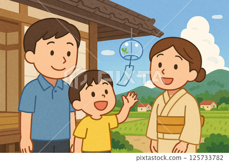 日本鄉村的夏天:父母和孩子玩風鈴 日本鄉村的夏天:父母和孩子玩風鈴 125733782