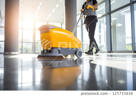 Worker uses yellow floor scrubber to clean and maintain polished lobby area in modern commercial building. 125733838