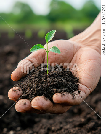 Closeup of hand holding soil with small plant sprouting, symbolizing growth, care, and sustainability in natural environment Closeup of hand holding soil with small plant sprouting, symbolizing growth, care, and sustainability in natural environment 125734241