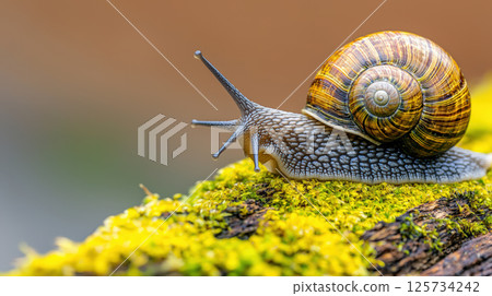 Closeup of snail on mossy log, showcasing its intricate shell and textured body in natural and serene environment Closeup of snail on mossy log, showcasing its intricate shell and textured body in natural and serene environment 125734242