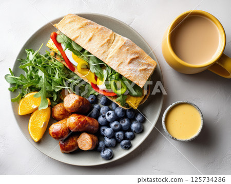 Breakfast plate with sandwich, sausage, blueberries, orange slices, arugula, and coffee with cream on white table 125734286