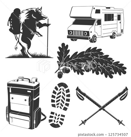 Set of camping and hiking elements. Vector. Hiker wild boar with backpack, backpack, camper rv, hiking poles, hiking boot print, footprint, oak leaf and acorns. Design element for label, badge, emblem Set of camping and hiking elements. Vector. Hiker wild boar with backpack, backpack, camper rv, hiking poles, hiking boot print, footprint, oak leaf and acorns. Design element for label, badge, emblem 125734507