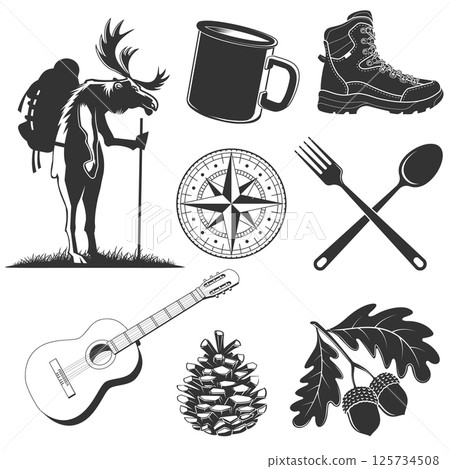 Set of camping and hiking elements. Vector. Hiker wild moose with backpack, hiking poles, hiking boot, mug, compass, fork, spoon, oak leaf and acorns. Design element for label, badge, emblem, sign. 125734508