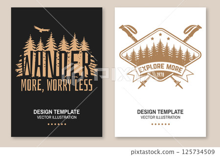 Outdoor adventure flyer, poster, banner design. Concept for shirt or logo, print, stamp or tee with pine forest, hiking poles and condor silhouette. Outdoor adventure. Vector illustration. 125734509
