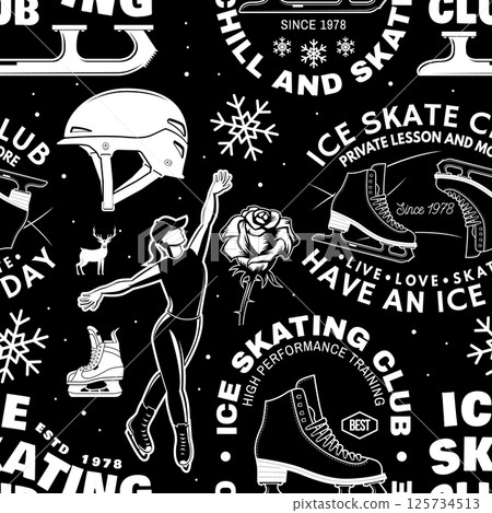 Ice Skate club seamless pattern design. Background, wallpaper, seamless pattern with skate, skates blades and helmet . Winter sport. Vector illustration. 125734513