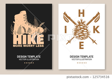 Outdoor adventure flyer, poster, banner design. Concept for shirt or logo, print, stamp or tee with pine cone and hiking poles, spoon, hiking boot and grass silhouette. Vector 125734516