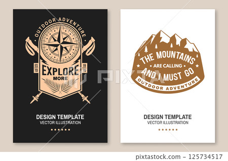 Outdoor adventure flyer, poster, banner design. Vector. Concept for shirt or logo, print, stamp or tee. Vintage typography design with old retro compass, mountain and trekking sticks. Outdoor adventure flyer, poster, banner design. Vector. Concept for shirt or logo, print, stamp or tee. Vintage typography design with old retro compass, mountain and trekking sticks. 125734517