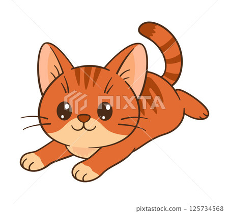 Cute orange tabby kitten is lying on his belly. Chibi ginger Cat. Flat style Cute orange tabby kitten is lying on his belly. Chibi ginger Cat. Flat style 125734568