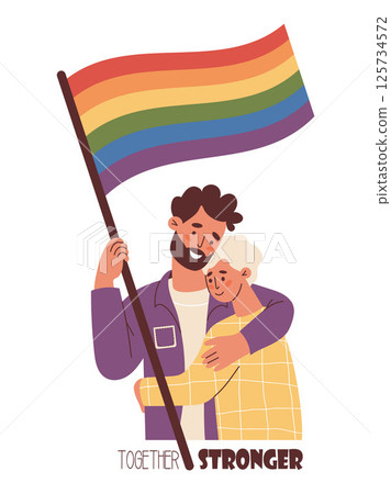 LGBT People Holding Rainbow Flag. Happy White couple gently hugging. LGBTQ Pride Parade. Supporting diversity and self-expression. Vector Illustration for Pride Month, unity and equal love 125734572