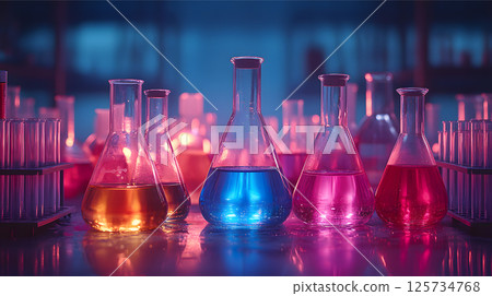 Woman scientist wearing blue gloves, protective glasses and medical mask is using microscope in modern laboratory setup. Low key lighting photo. Science and Medicine 125734768