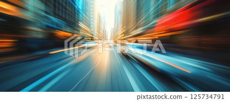 Burred city street with motion effect, dynamic urban scene concept 125734791