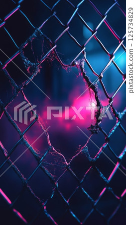 A futuristic depiction of a broken mesh fence, illuminated by radiant neon gradients 125734829