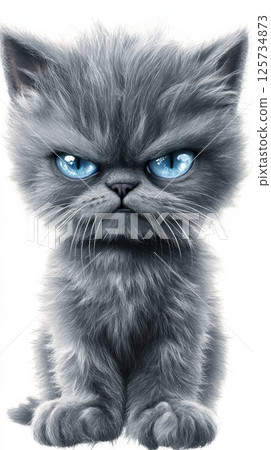 Fluffy gray kitten with blue eyes looking grumpy 125734873