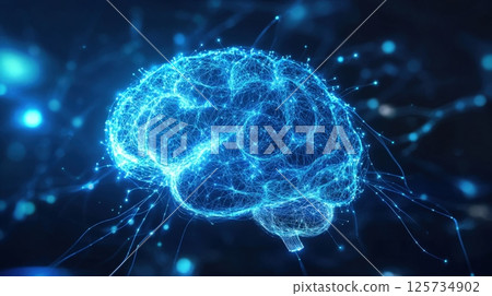 Glowing blue digital brain with interconnected nodes and flowing data streams on a dark background. Represents artificial intelligence, neural networks, or human consciousness AI generated 125734902