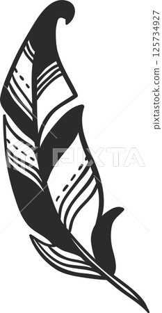 Black and white illustration of a feather with striped and dotted pattern representing lightness, freedom, and softness, ideal for boho, vintage, or nature inspired designs 125734927