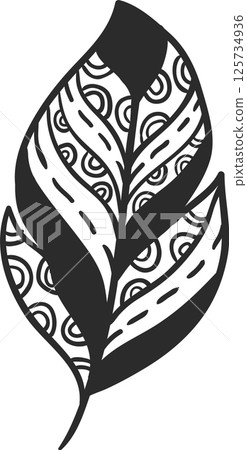 Black and white zenart illustration representing a feather with decorative patterns, creating a stylized leaf shape, ideal for nature inspired designs 125734936