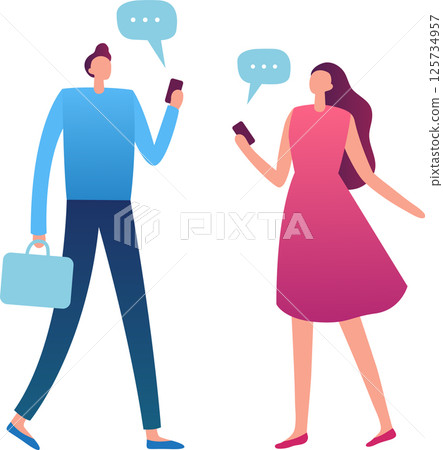 Businessman with briefcase and businesswoman holding smartphones and chatting, speech bubbles rising above them, representing communication and mobile technology in business context Businessman with briefcase and businesswoman holding smartphones and chatting, speech bubbles rising above them, representing communication and mobile technology in business context 125734957