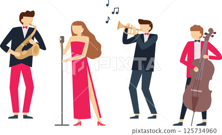 Jazz band performing during a concert with musicians playing saxophone, a female singer using a microphone, a trumpet player and a cello player 125734960