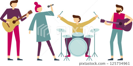 Four musicians playing together in a band, featuring two guitarists strumming their instruments, a drummer keeping the beat, and a singer delivering captivating vocals on stage 125734961