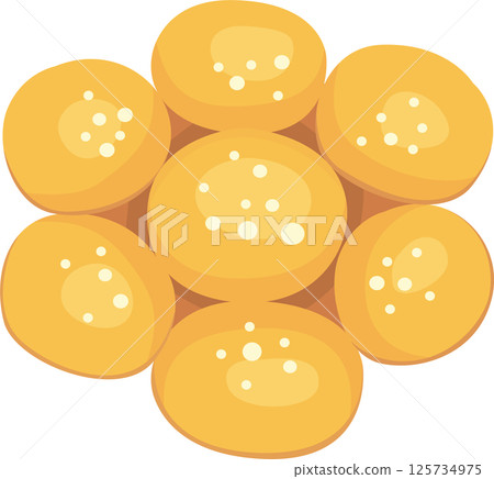 Seven golden cookies, speckled with white sugar granules, arranged in a charming flower like pattern, evoke a sense of warmth and deliciousness, perfect for a sweet treat or a comforting snack 125734975
