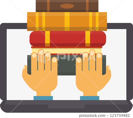Hands taking books from laptop screen promoting online library services, ebook reader, digital bookstore, modern education and literature, easy access to knowledge 125734982