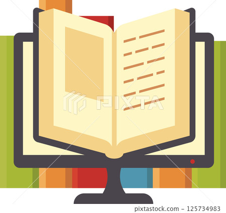 Open book resting on a computer monitor, surrounded by colorful books in the background, illustrating the concepts of online education and e learning in a modern digital landscape 125734983