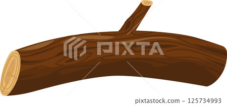 Large piece of brown lumber featuring prominent wood grain and a small branch emerging from the top, isolated against a clean white background, highlighting its natural beauty Large piece of brown lumber featuring prominent wood grain and a small branch emerging from the top, isolated against a clean white background, highlighting its natural beauty 125734993