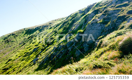 Mountain rocky surface covered with grass under blue sky Mountain rocky surface covered with grass under blue sky 125735359