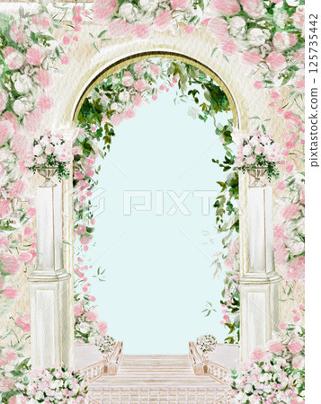 Watercolor wedding card with .arch and blooming roses. Illustration 125735442