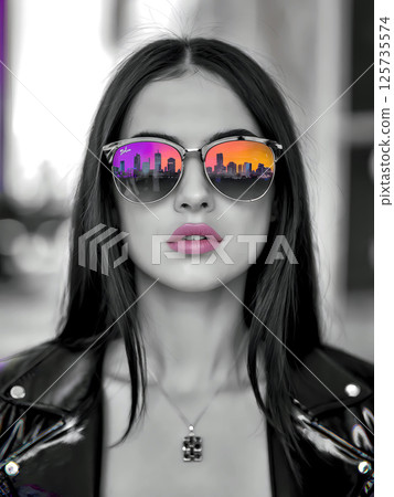 A black and white portrait of a stylish woman with vibrant city reflections in her sunglasses and pink lips. The image blends elegance, mystery, and urban energy in a visually striking way. 125735574
