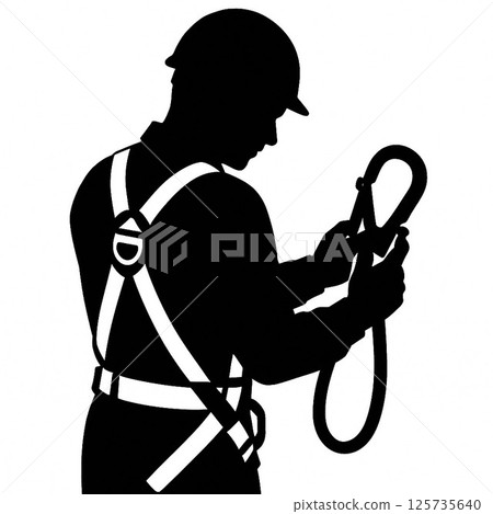 Silhouette of a worker checking a safety belt Silhouette of a worker checking a safety belt 125735640